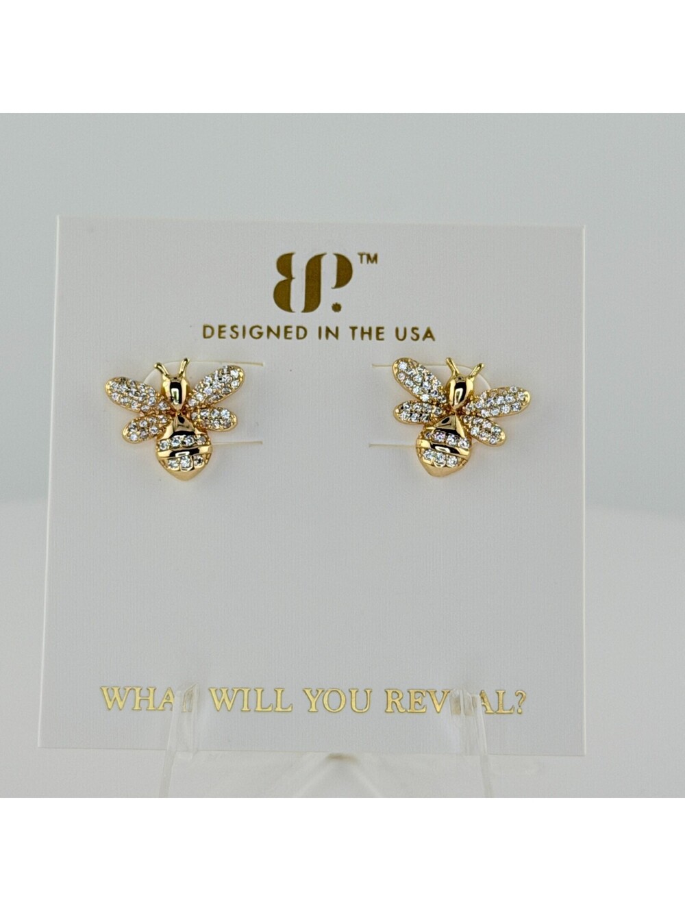 Bomb Party Vermeil Earrings “Boss Bee Studs” Clear Cz .925 Sterling w/ Gold